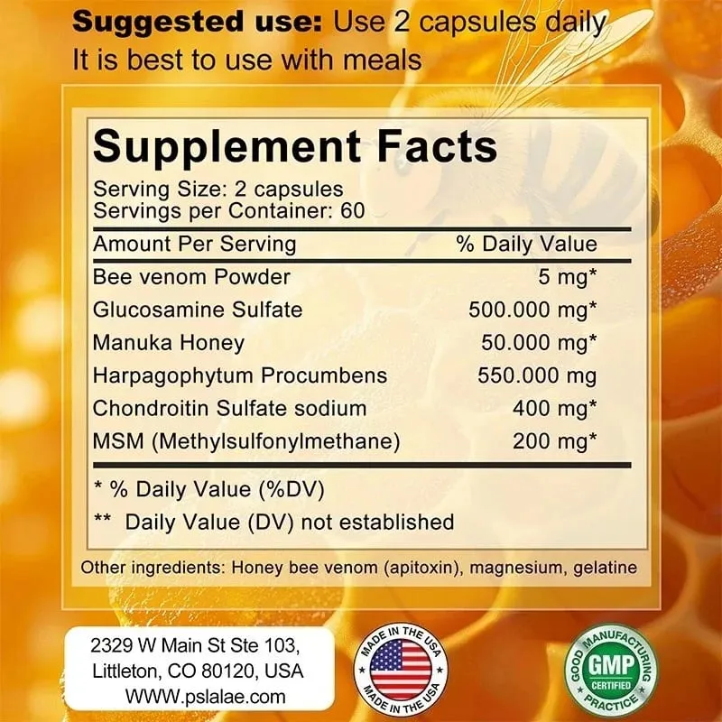 Natural Bee Venom Extract Capsules - Glucosamine Chondroitin Supplement Relieves Joint Pain and Stiffness Promotes Bone Health