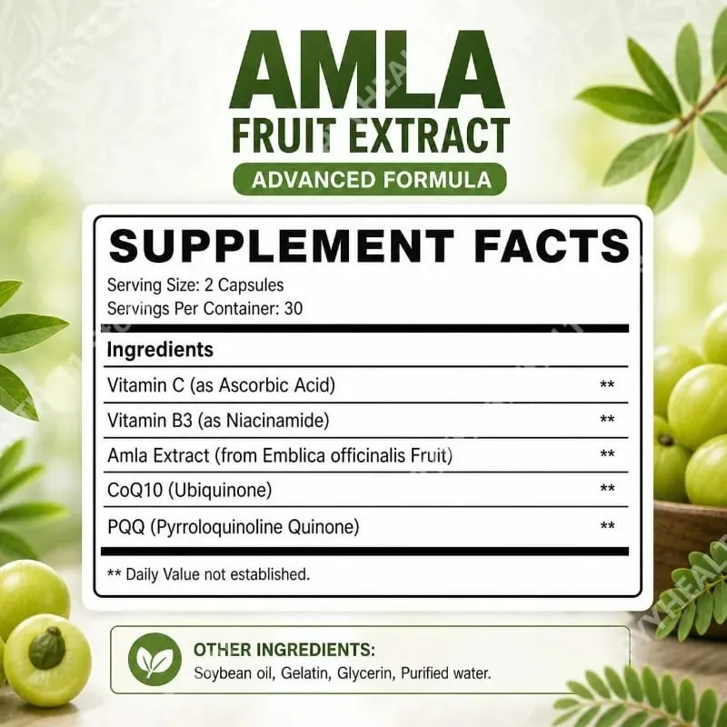 Docteat Amla gyümölcskivonat kapszula az immunrendszer támogatásáért és a bőr egészségéért C-vitamin B3-vitaminnal CoQ10 és PQQ 60 kapszula
