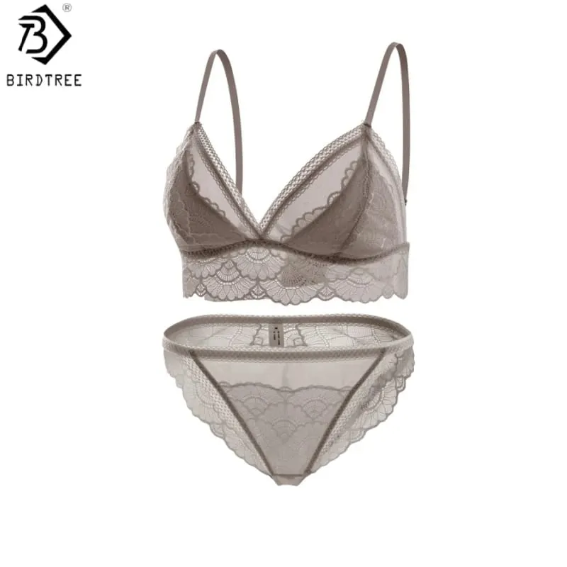 Birdtree Real Silk Bra Brief Set Women Triangle Cup Underwear Low Waist Brief Lace Elegant Sets 2026 Spring New A61815JF — image 1
