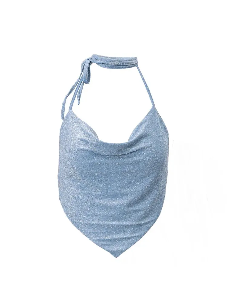 Halter Top Glitter Tanks 2025 Summer Outfits Blue Bright Silk Camis Ruched Top Crop Backless Vests Sexy Tops Cropped Clothes