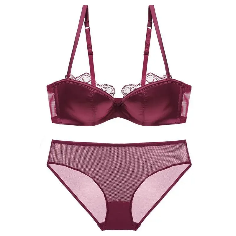 French Lace 1/2 Thin Cup Sexy Bra Set Women Seamless Underwear Push Up Brassiere Breathable Mesh Panties Sets Plus Size Lingerie