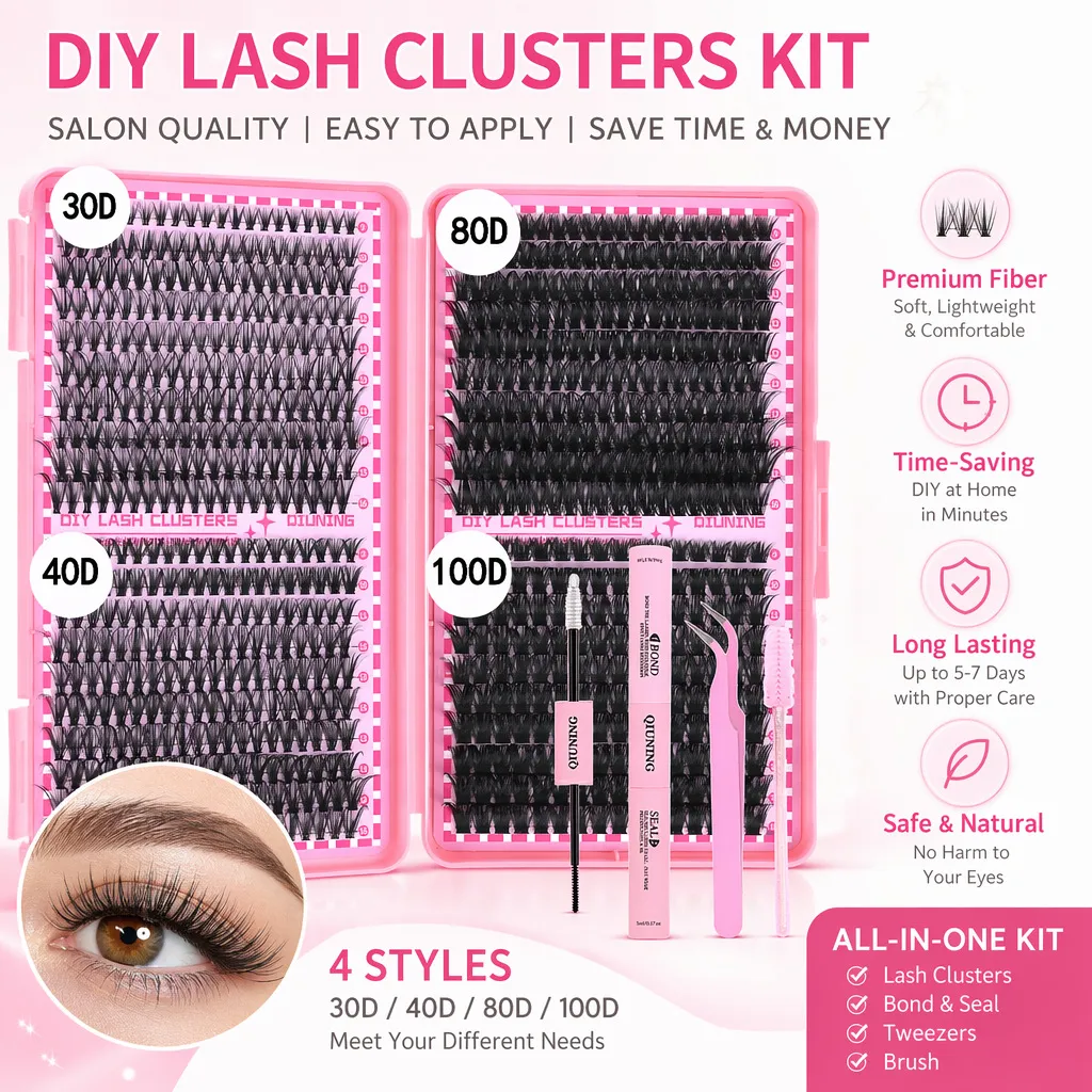 800PCS Lash Extension Kit DIY Clusters Eyelash Extension Kit Lashes Kit with Lash Bond and Seal Lash Tweezers