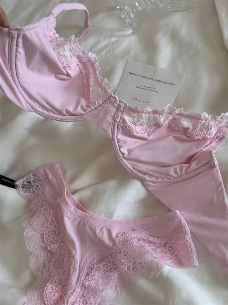 Rosa sem forro conjunto de sutiã de copo completo underwire renda guarnição elevador confortável minimalista sem costura sutiãs e calcinha todos os dias