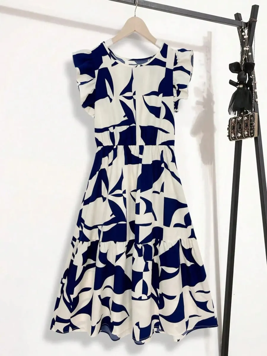Womens Navy Blue Abstract Print Ruffle Sleeve Tiered Midi Dress Round Neck A Line Summer Casual Dress