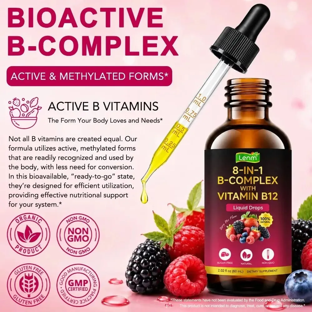 Lenm B Complex Liquid Drops 8-in-1 with B12 2000mcg B1 B2 B3 B5 B6 B7 Folate for Energy & Metabolism Support Sugar-Free 60ML