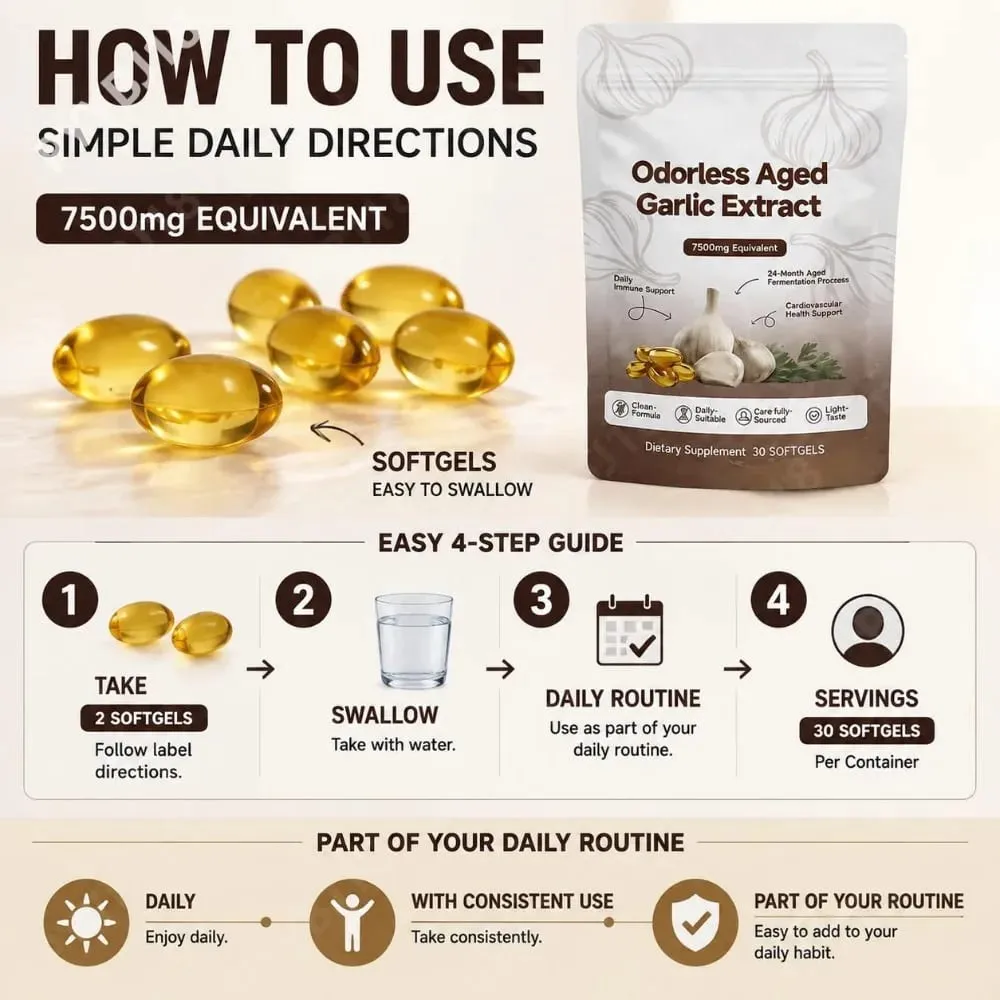 Odorless Aged Garlic Extract Softgels 7500mg 24-Month Fermented herbal Botanical Formula Cardiovascular Immune Support 30 Count