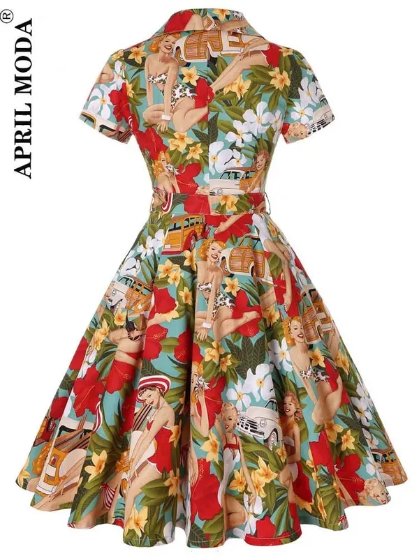 2026 Robe De Cocktail Pinup Rockabilly Dress Midi Cotton Tunic Jurken Causal Vintage 60s 1950s Big Swing Summer Party Sundress