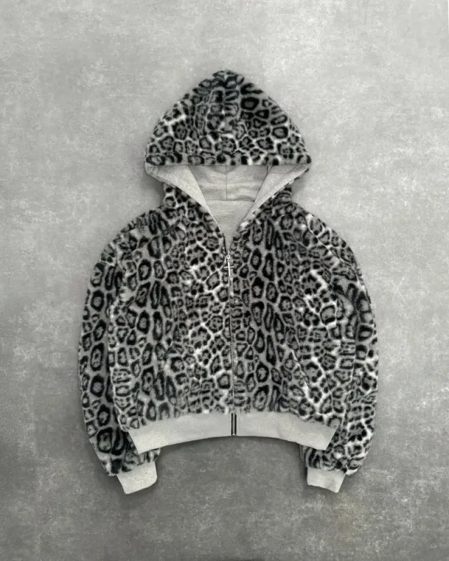 Hip-hop Nya dubbelsidiga kläder Harajuku Retro Leopardtryck Fashionabla Luvtröja med lös dragkedja Män Gata Fritidströja Kvinnor