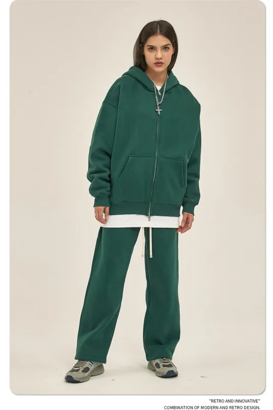 New Men Double Headed Zipper Fleece Hoodies Unisex Loose Basic Solid Warm Hooded Sweatshirts Coats For Winter HY0633