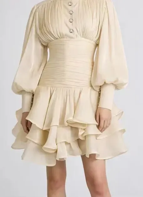 Chic Victorian-inspired Mini Dress Women Puff-sleeve Ruched Tiered Romantic Cottagecore Party Dresses 2026 Trendy Elegant Outfit
