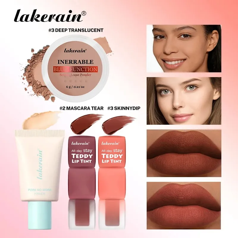 4pcs/set Pore No More Primer + Lip Tint + Loose Setting Powder Makeup Set Matte Long-Lasting Waterproof Effect Travel Portable — image 8