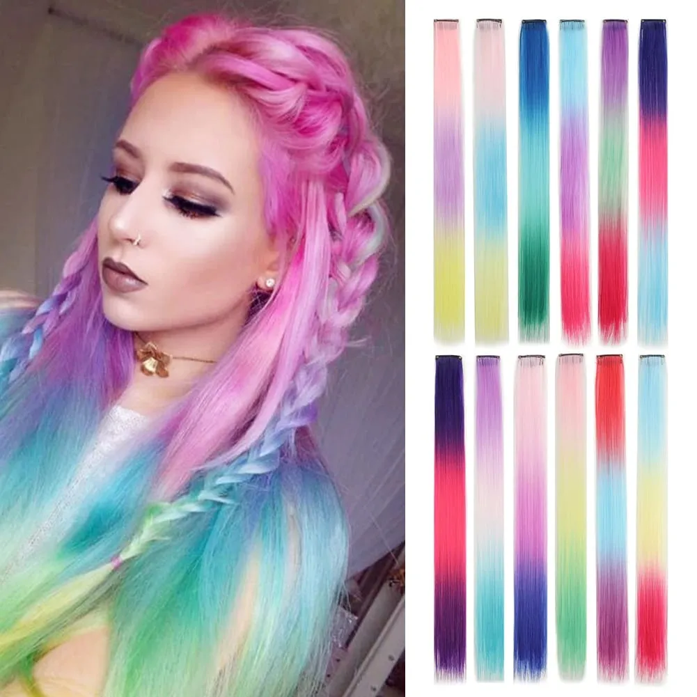 5PCS/set Clip in Hair Extensions Synthetic Hairpieces Colored Party Highlights for Girls 18 inches Multi-colors Straight Hair