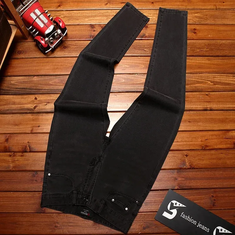 2025 new fashionable light luxury jeans for men trendy 3D printed design slim fit small feet elastic denim pants