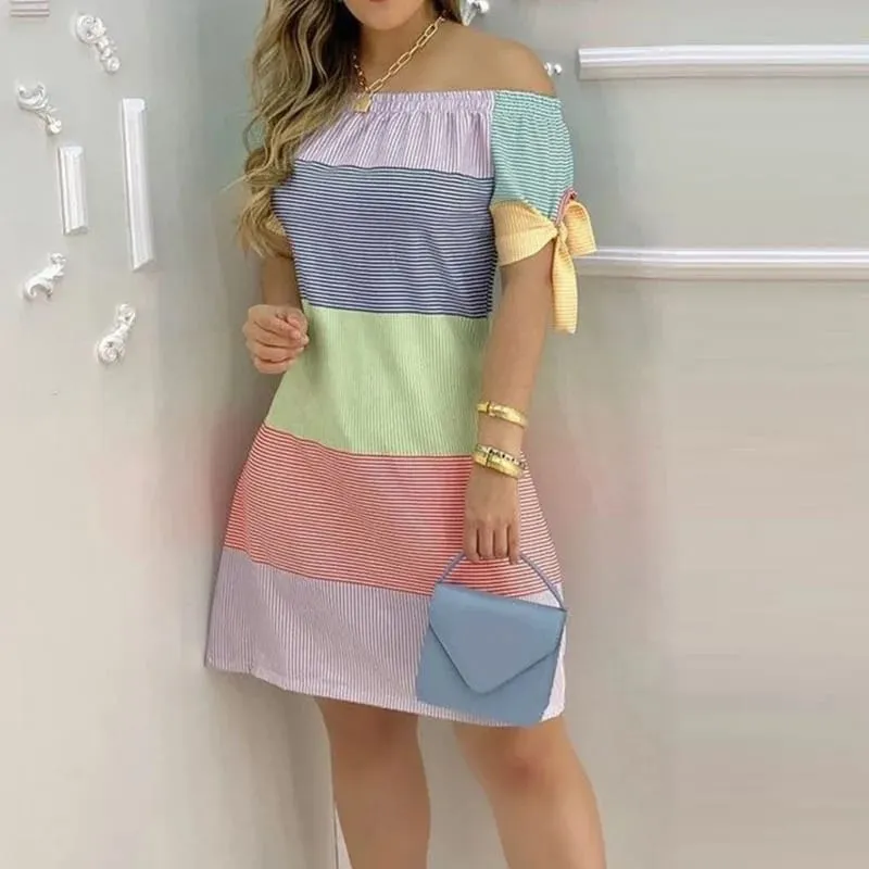 Women Off Shoulder Mini Dress Summer Sexy Short Sleeve Bow Tie Striped Floral Print Dresses Fashion Casual Loose Dress