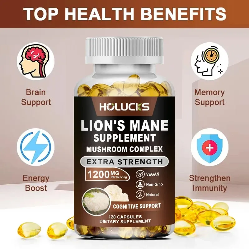Lion's Mane Mushroom Complex Capsules for Focus Support & Immune Health Improve Memory Protect Brain Nerves Relieve Stress
