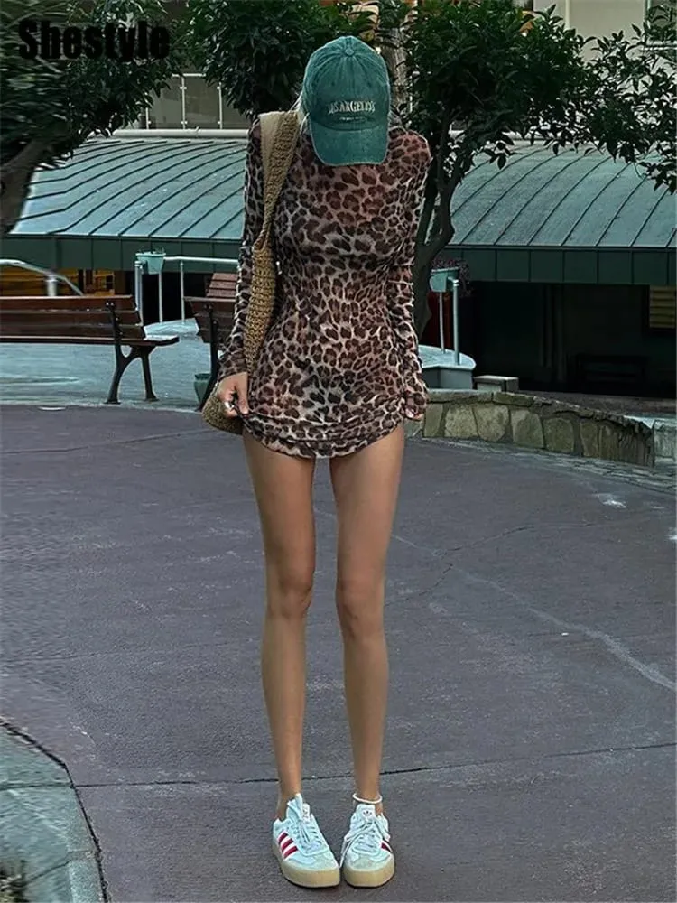 Shestyle leopardo Sexy A-Line vestido mujeres conjuntos de dos piezas malla transparente moda extremadamente caliente High Street Animal Print elegante