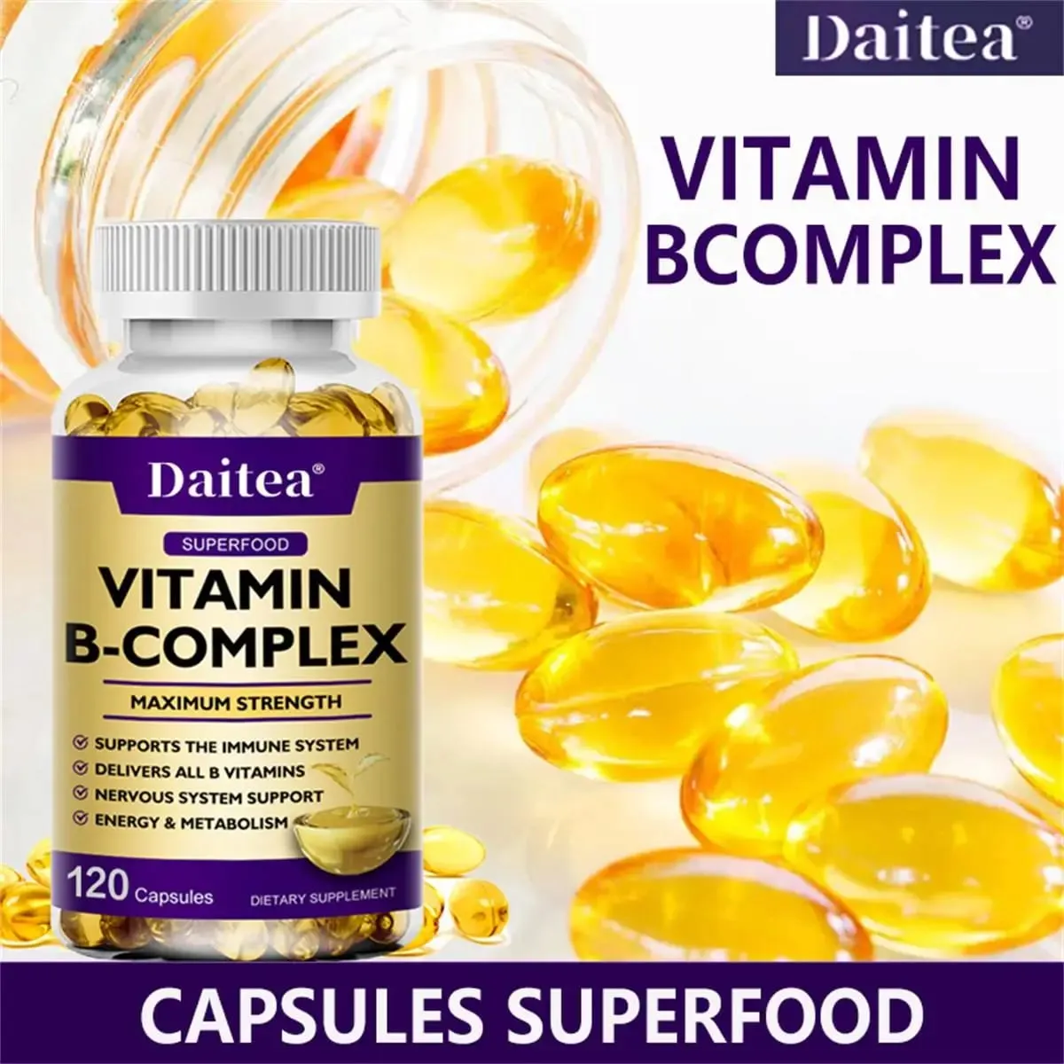 Vitamin B-Complex Capsules - Energy Immune & Nervous System Support Relieve Stress Improve Digestion