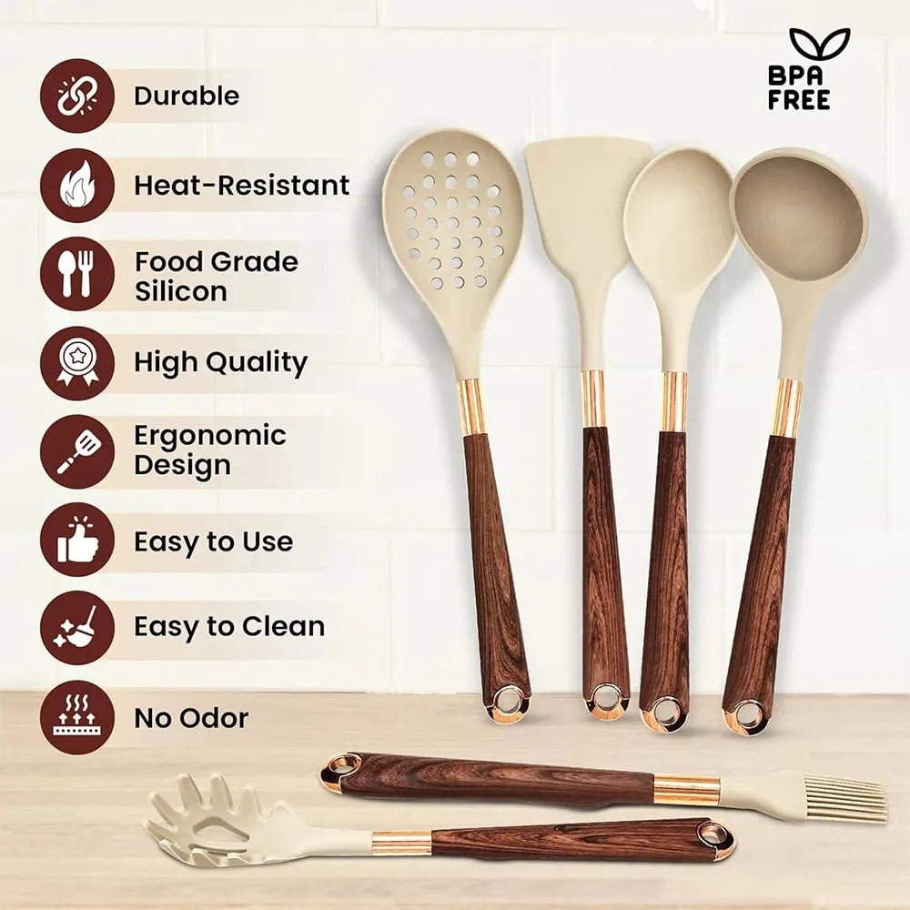 Silicone Kitchen Utensil Set 10 Pcs Cooking Utensil with Utensils Holder Wooden Pattern Handles Nonstick Cookware JT264