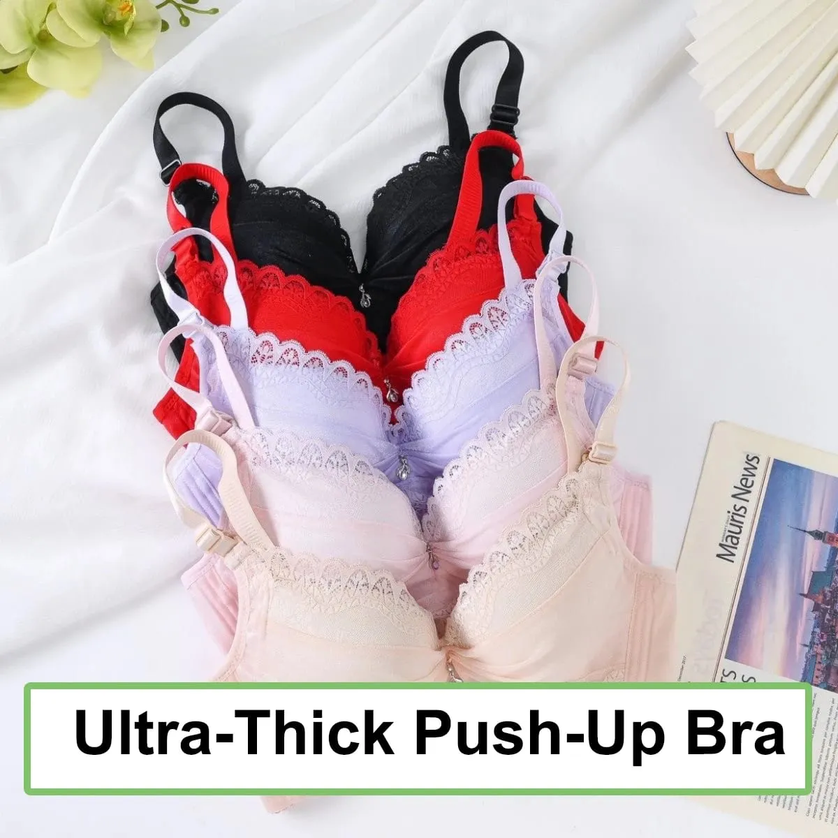 Ultra-Thick Push Up Bra with Side Support 8cm Thick Cups Lace Gathered Lingerie Wireless Full Coverage Bra for A/B Cup