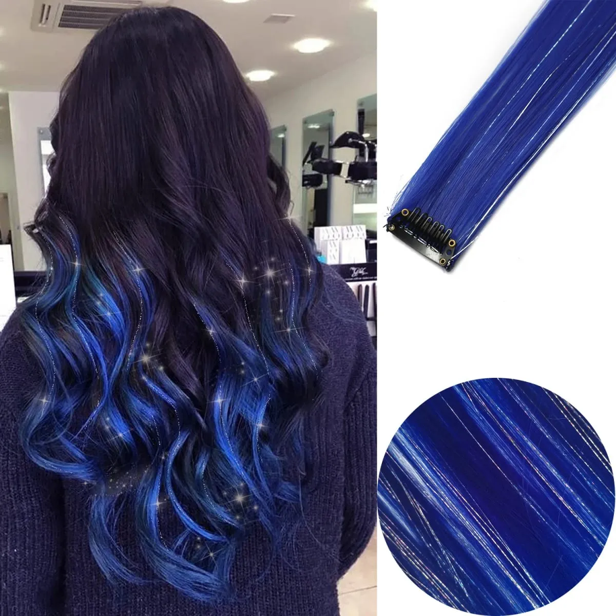 Clip in Colored Hair Extensions Mixed Silver Tinsels Synthetic 2 in 1 Rainbow Hairpiece Holiday Party Highlights for Women Girls — image 2