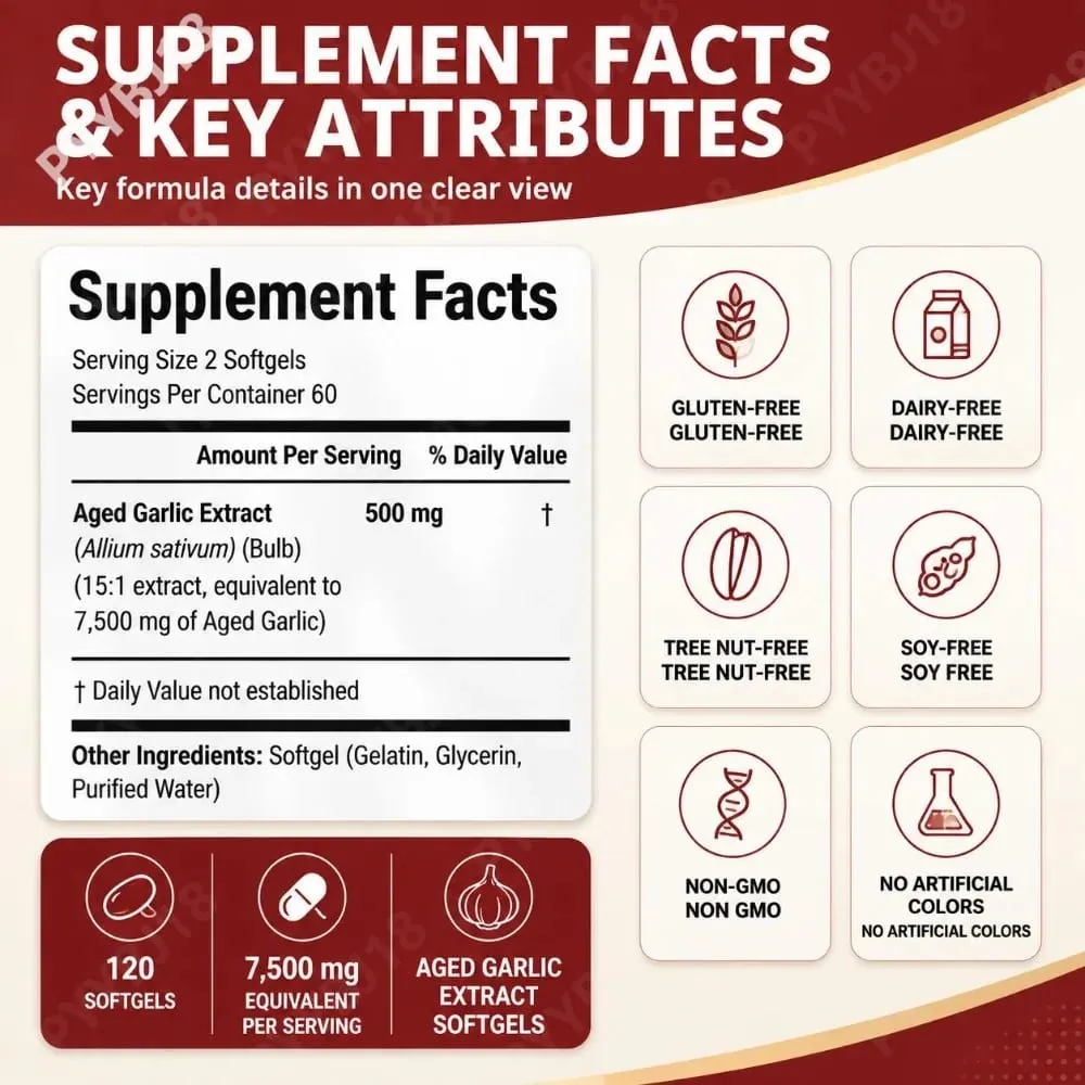 Viên nang mềm chiết xuất tỏi già 7500mg tương đương trên mỗi khẩu phần cho tuần hoàn và chức năng tim Chất chống oxy hóa và hỗ trợ miễn dịch 120Ct