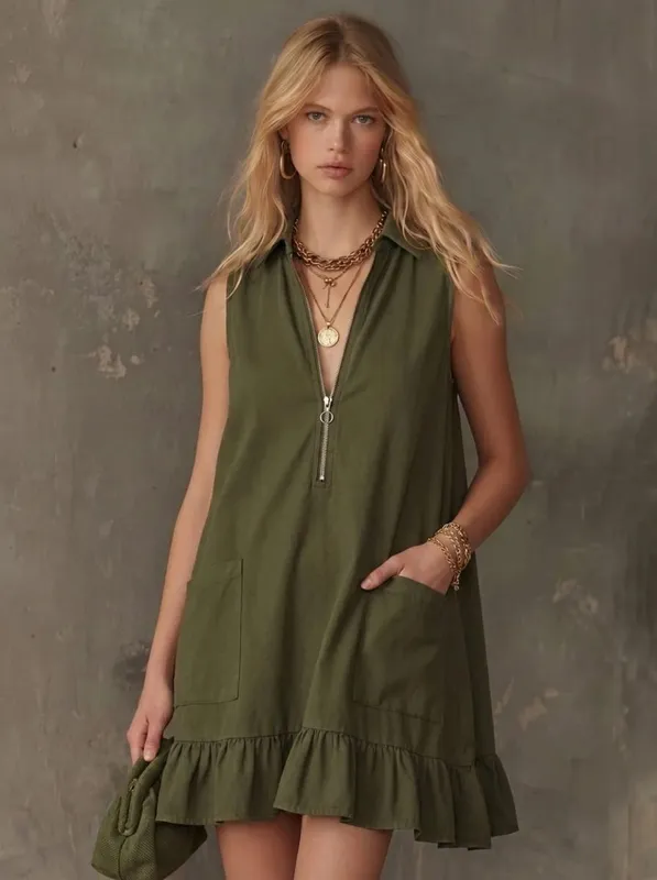 Women Sleeveless Zip V Neck Mini Dress Collared Ruffle Hem A Line Loose Dress with Pockets Summer Casual Dresses