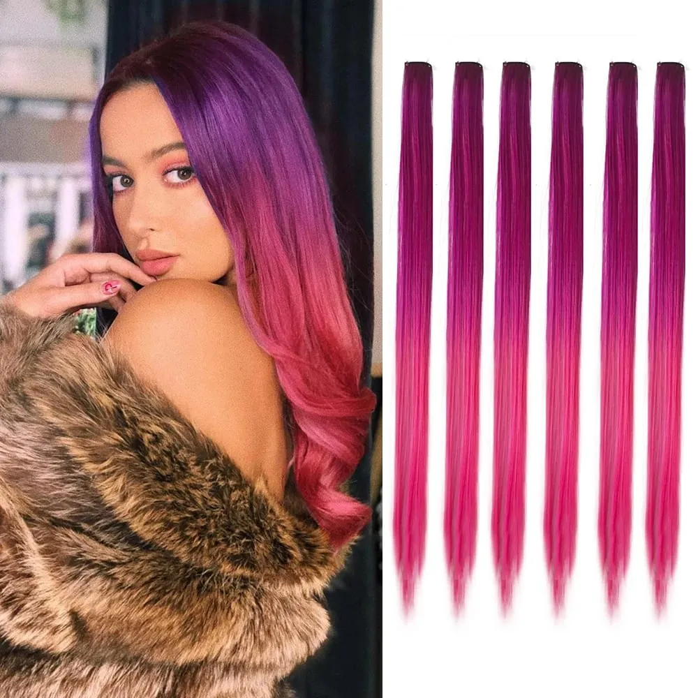 6pcs/pack Colored Party Highlights Clip in Hair Extensions 22 inches Multi-colors Straight Hair Synthetic Hairpieces