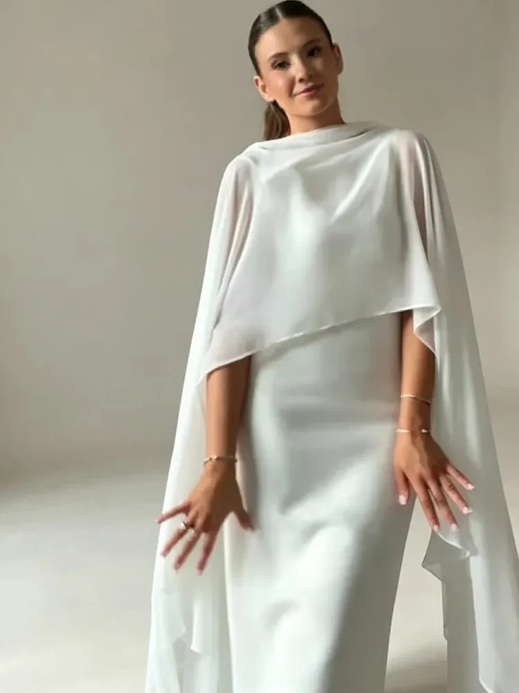 Sheer Cape Round Neck Maxi Dress For Woman Open Back Solid Plain Design Skirt Elegant Wedding Formal Evening Female Long Robes — image 5