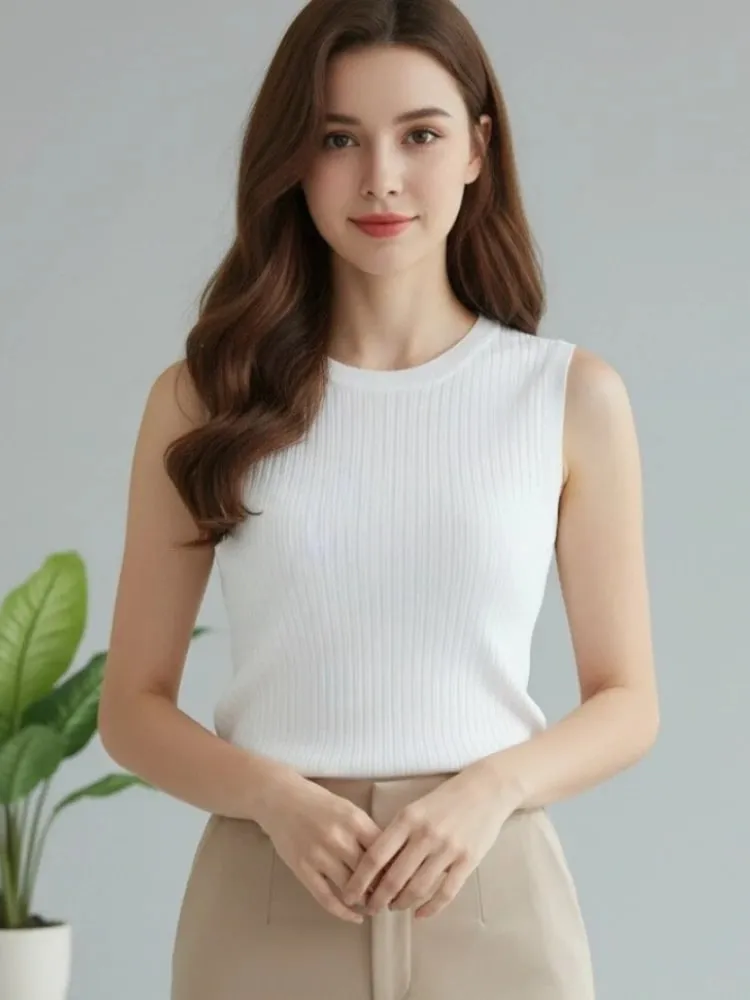 2026 Korea Knitted Vests Women Top Summer Sleeveless Blouse Women Tops Women O-neck Knitted Blouse Shirt Clothes