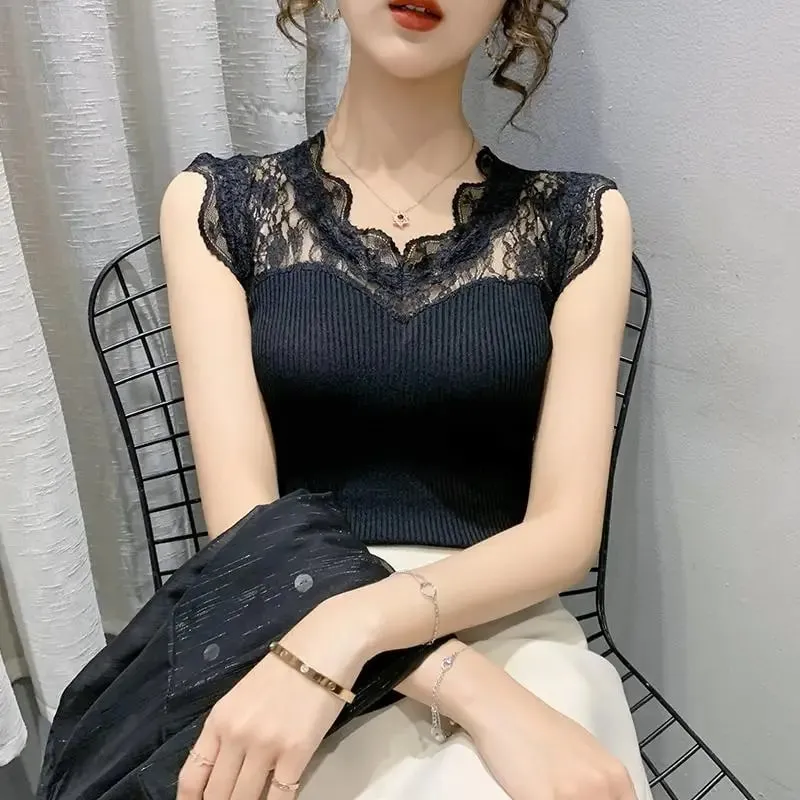 Summer V-neck Lace Stitching Pullover Sleeveless T-shirt Women's See-through Ice Silk Vest Suspender Knitted Base Layer Women — image 8