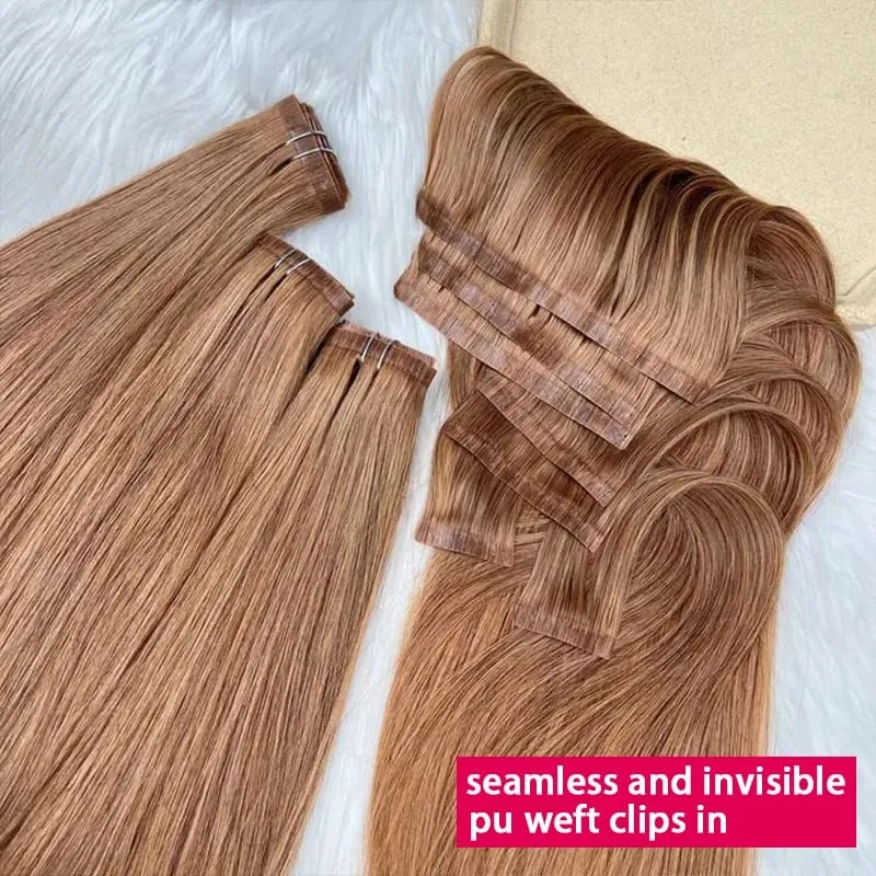 #30 Color Straight Invisible Seamless Clip in Hair Extensions PU Clip Ins 7Pcs/Set 100g 100% Raw Virgin Human Hair Full Head