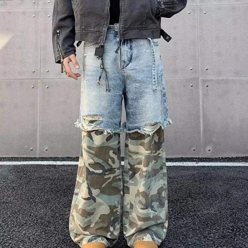 Street Patchwork Ripped Camouflage Jeans Baggy Fake Two-piece Washed Denim Trousers Vintage Y2K Camo Cargo Straight Jean Man