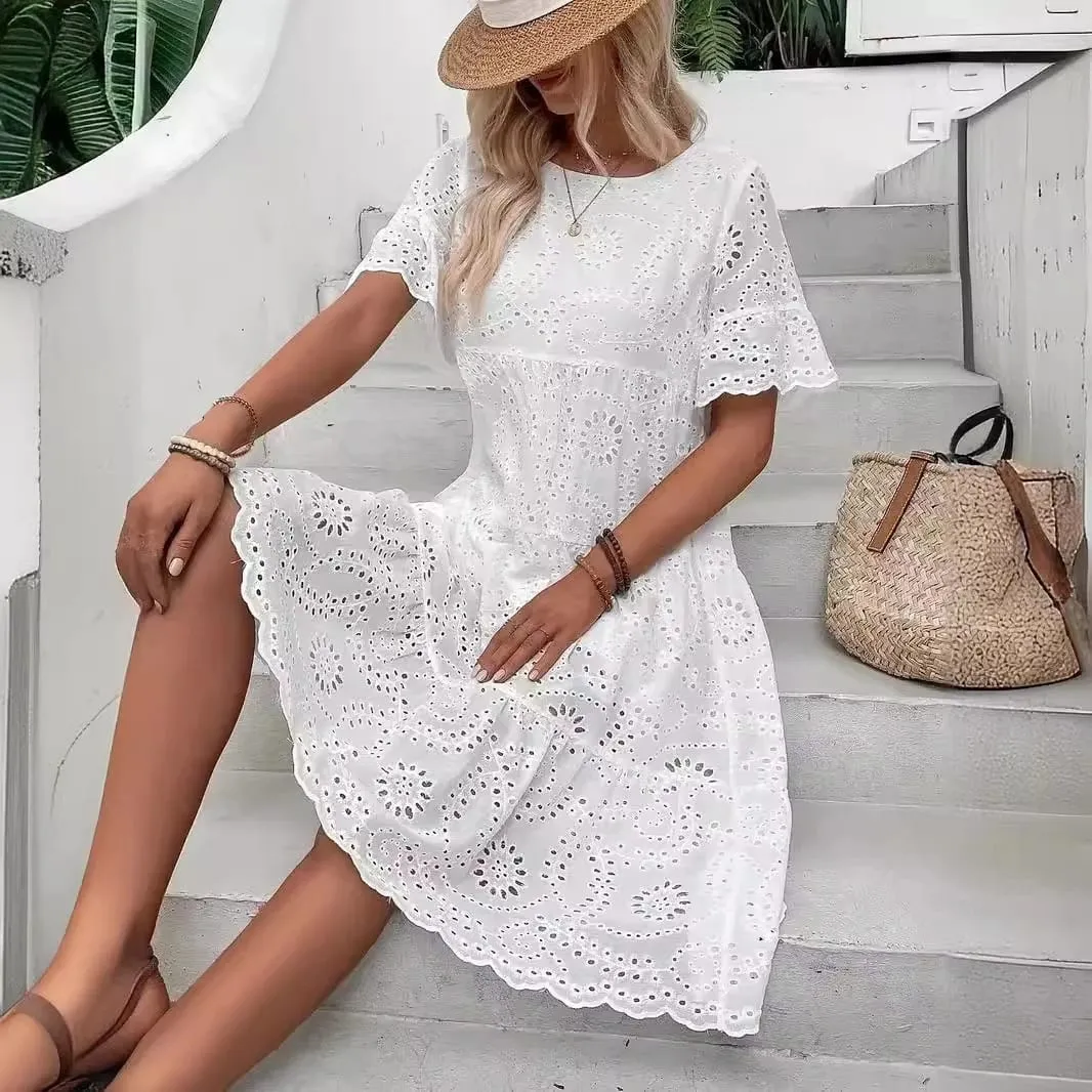 Nữ Trắng Silicon Thêu Đầm Midi Khoét Hở Boho Flowy Xù Tầng Váy Đầm Ngắn Tay Đi Biển Mùa Hè Áo — image 4