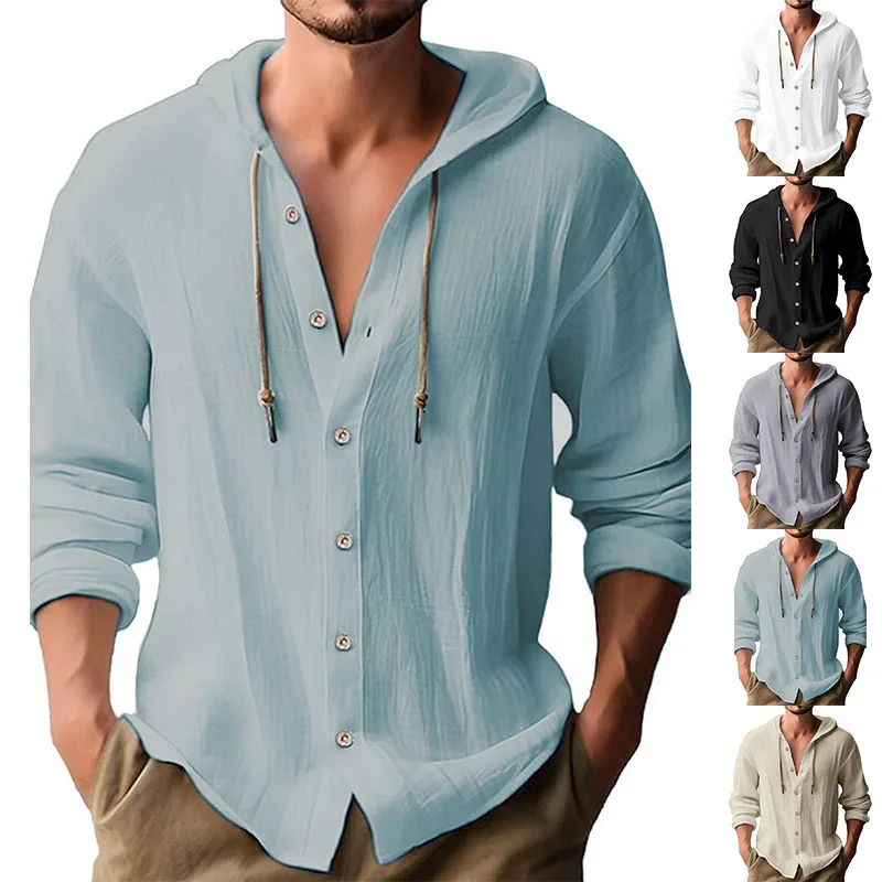 Men's Solid Color Casual Shirt Hooded Drawstring Cotton and Linen Cardigan Trendy and Versatile Loose Beach T-Shirt