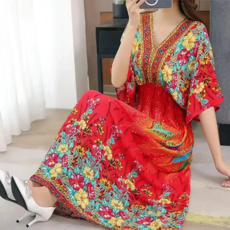 Casual Elegant Retro Bohemian National Style V-neck Elastic Waist Large Swing Printed Summer Long Skirt Woman Dress Clothes