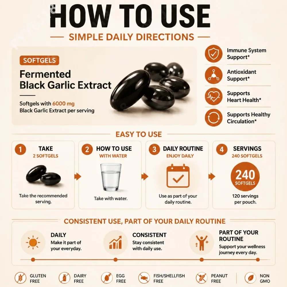 Fermented Black Garlic Extract Softgels 6000mg Equivalent Supplement for Daily Wellness Antioxidant Immune Support 240 Softgels