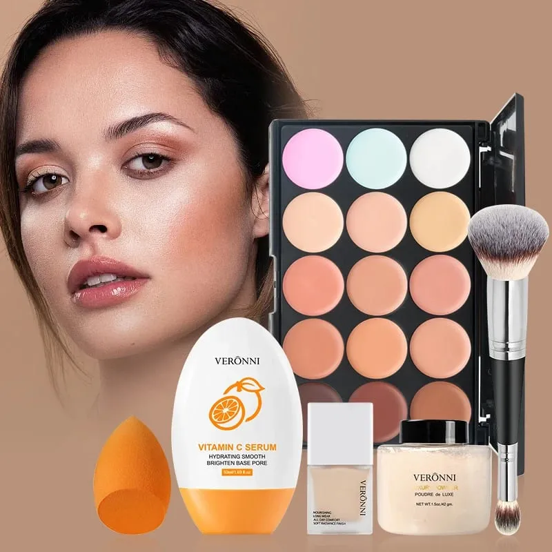 Face Makeup Set Liquid Foundation Loose Powder Primer Waterproof Long-lasting Full Coverage Concealer Women Cosmetics FaceMakeup