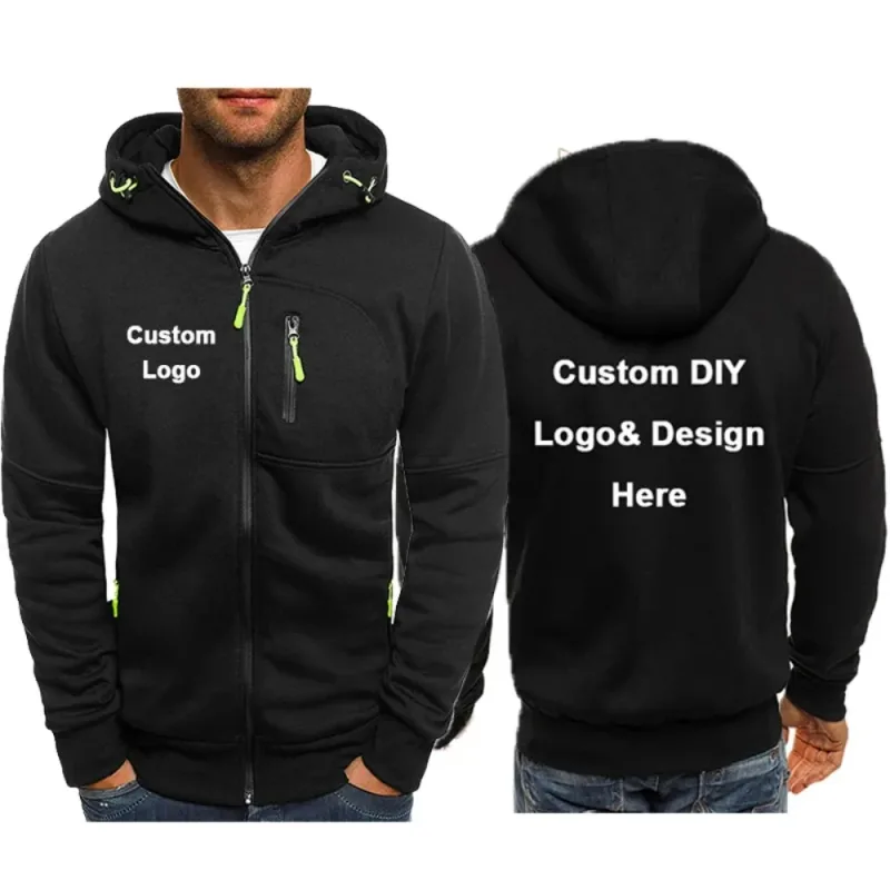 Men's Zipper Hooded Jacket with Pockets Customized Logo Image Text Casual Sports Streetwear Men's Casual Cardigan Fashionabl