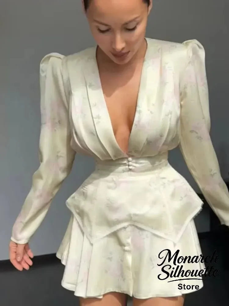 Elegantní minišaty s květinovým potiskem, dámské, elegantní, výstřih do V, plné rukávy, jednořadové, úzké, krátké šaty do áčka 2026 Dámské společenské róby