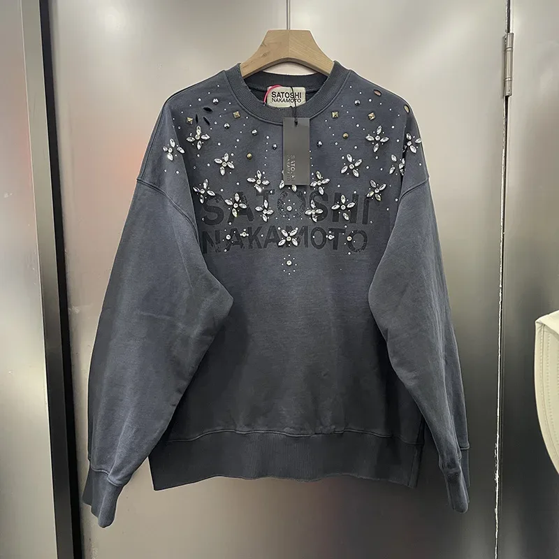 26FW Heavy Fabric Cotton Loose Rhinestone Rivet Satoshi Nakamoto Sweatshirts Men Women Vintage Charcoal Gray Green Pullovers
