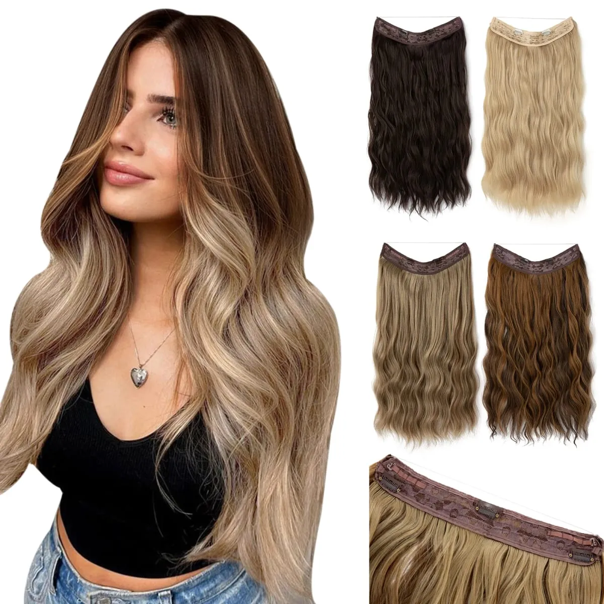 Synthetic Wave Invisible Wire Clip in Hair Extensions Fish Line With Clips Hairpiece Ombre Fake Hair Piece For Woman