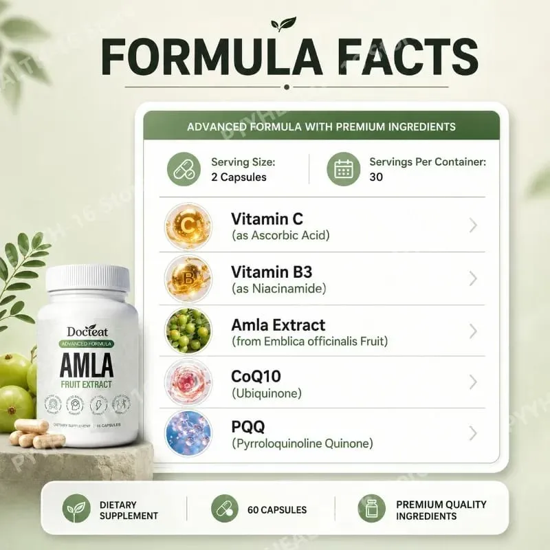 Docteat Amla-Fruchtextrakt-Kapseln unterstützen die Immunfunktion und unterstützen die Hautgesundheit mit Vitamin C B3 CoQ10 PQQ 60 Kapseln
