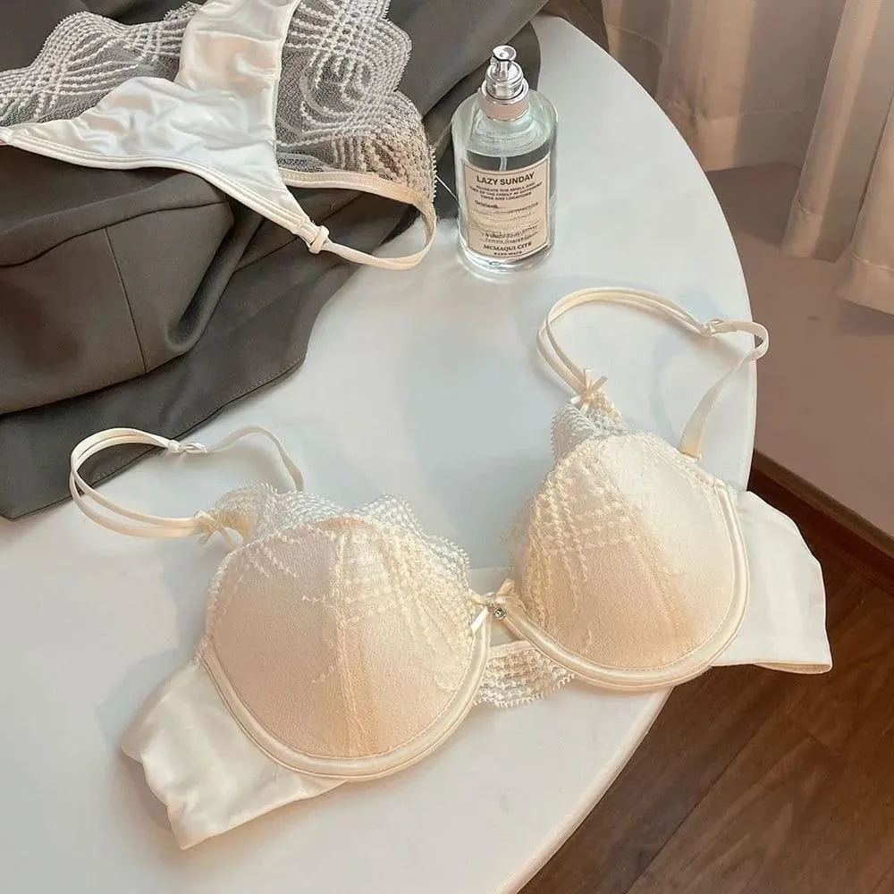Ladies Lace Lingerie Set Pure Desire Aesthetic Deep V Thin Straps Thin Cup Soft Underwire Push‑Up Bra Underpants S-XL