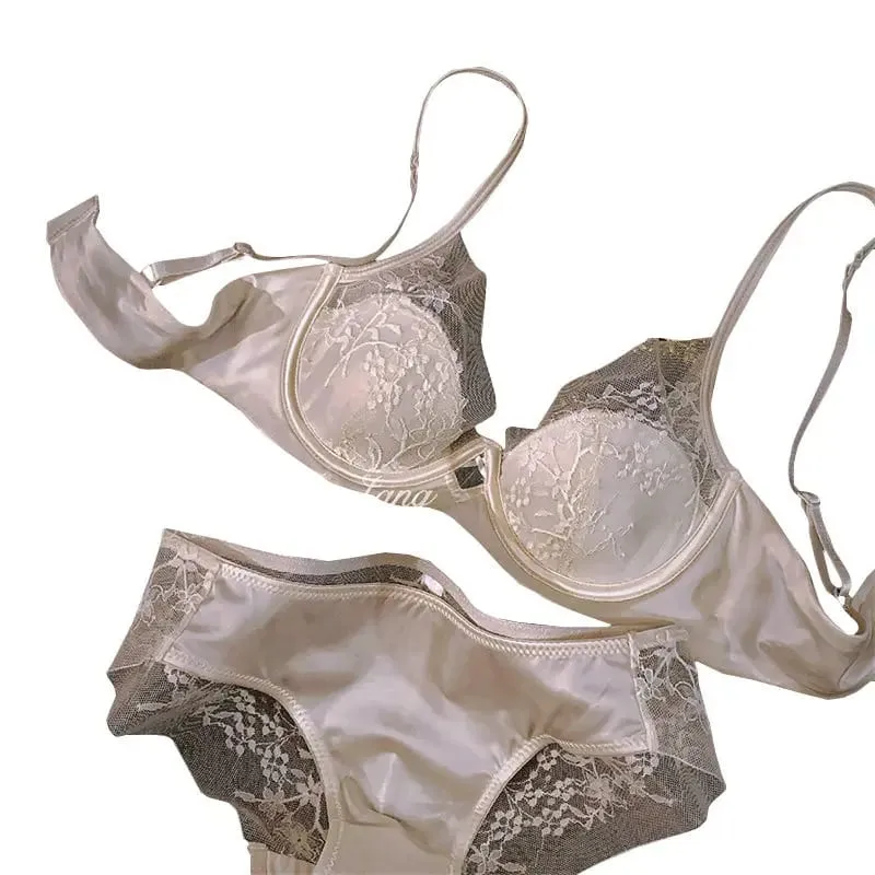 Set Lingerie Renda dan Satin Gaya Perancis, Bra Tali Dapat Disesuaikan & Bantalan Tipis Kawat Lembut Nyaman Pakaian Dalam Anak Perempuan Muslim