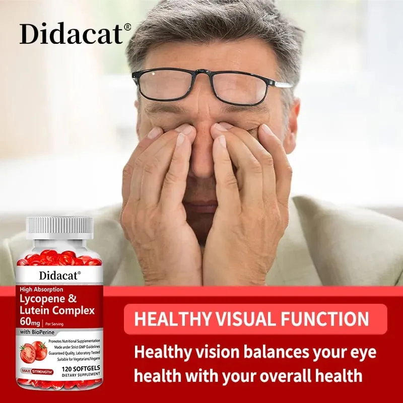 Lycopene + Lutein Complex 60mg with Bioperine Dietary Supplement for Prostate Heart & Eyes Health Antioxidant Non-GMO