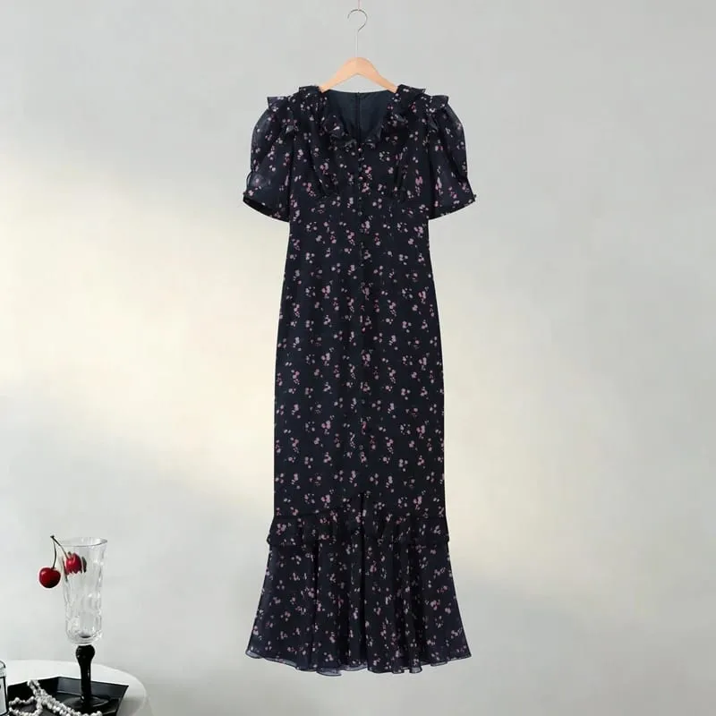 Floral Puff Sleeves Maxi Dresses Women's Slim Waist-cinching Hip-wrap V-neck Dress 2026 New Ladies Summer Vacation Outwear