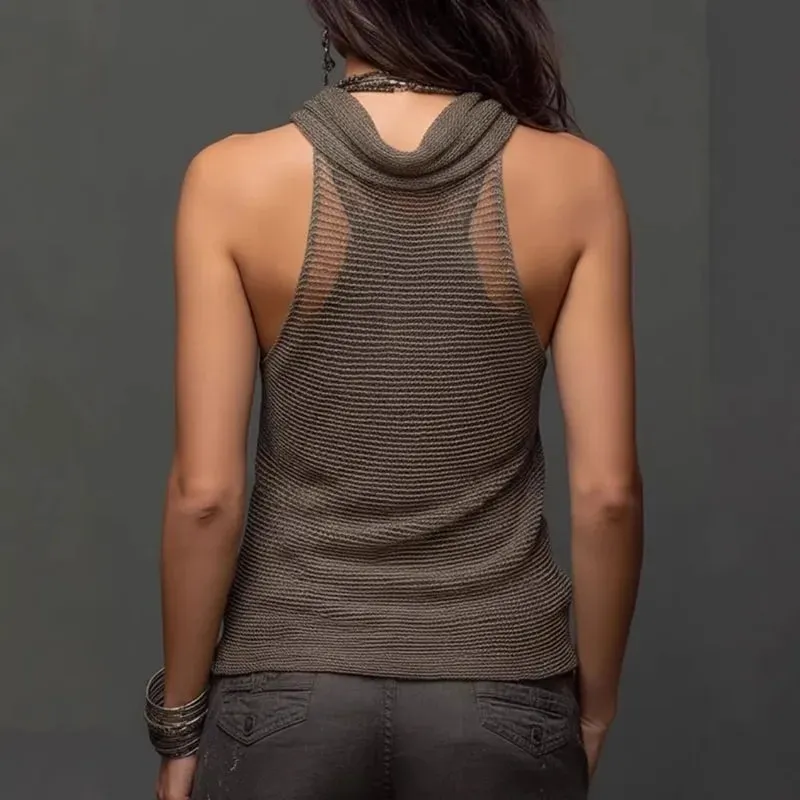 Boho Style Knit Halter Top Women Sleeveless See Through Hollow Out Irregular Hem Sun Protection Outerwear Casual Vacation Vest