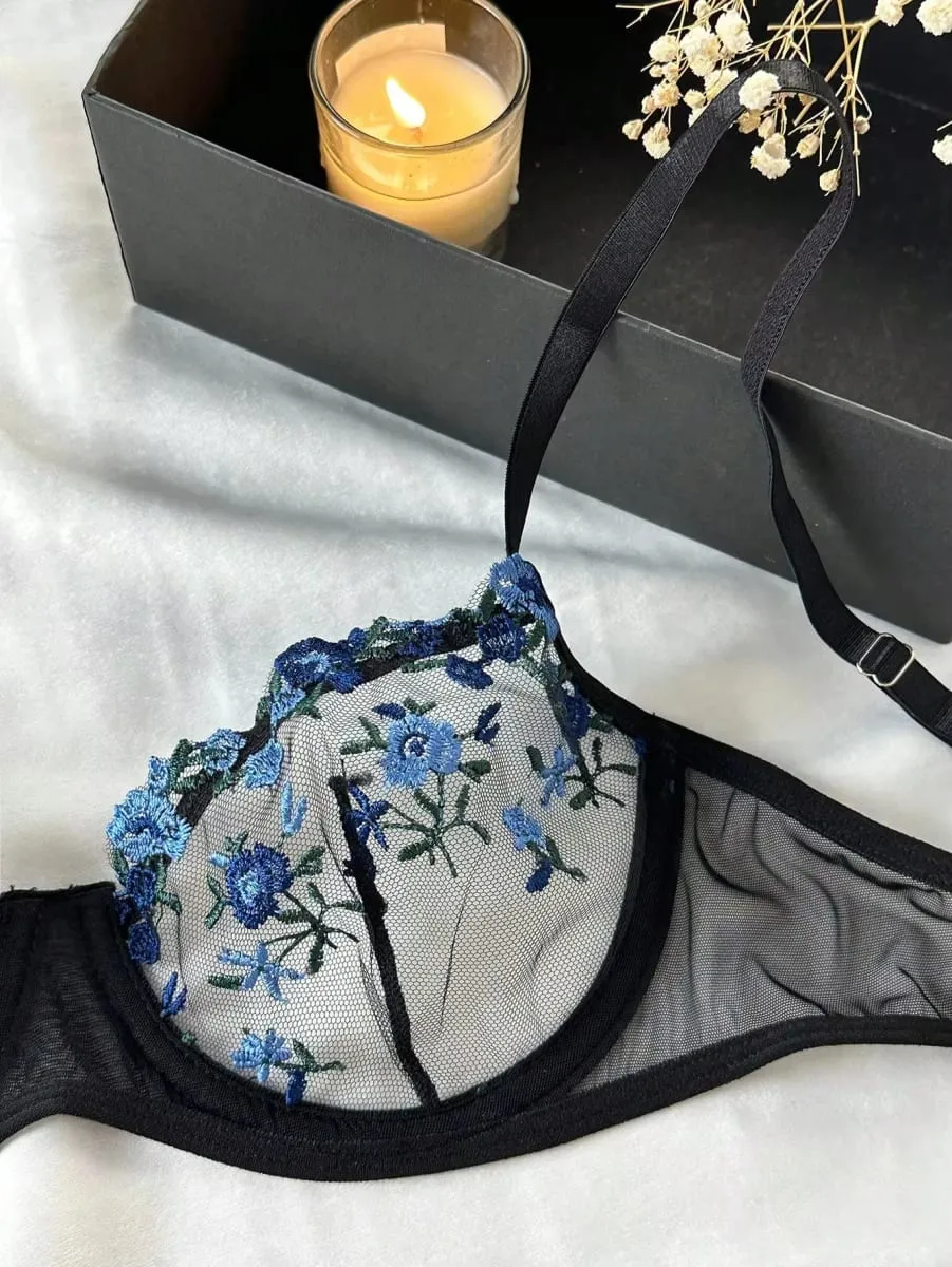 Erotic Embroidery Blue floral fragments Lace Babydoll Sensual Lingerie Bra Set For Women Underwear Intimate Sexi Panty Set 2024 — image 5