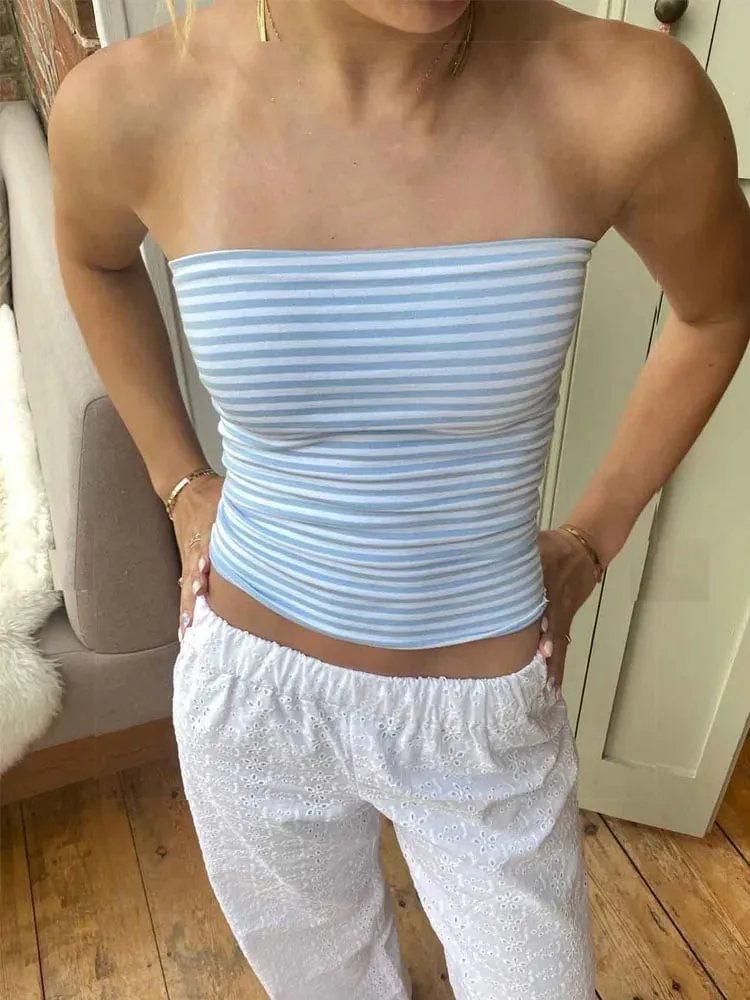 Women Cropped Tube Tops Strapless Off Shoulder Backless Short Tank Summer Party Club Striped/Solid Mini Vest 2024 New
