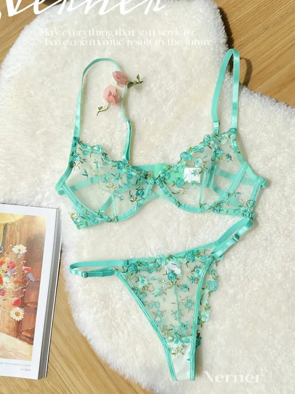 Korean Hot Lace Bra Set Floral Embroidery Transparent Mesh Ultra Thin Big Bust Modest Summer Ladies Daily Wear Underwear 32-38 — image 13